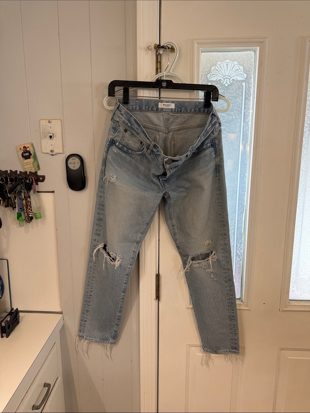 Moussy Light Blue Distressed Slim Straight Jeans